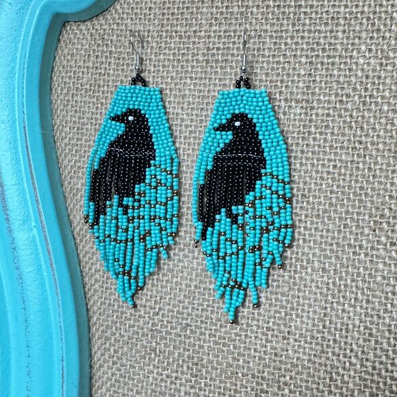 2/$20 Black Bird Teal Bead Fringe Raven Southwestern Earrings - Picture 3 of 8